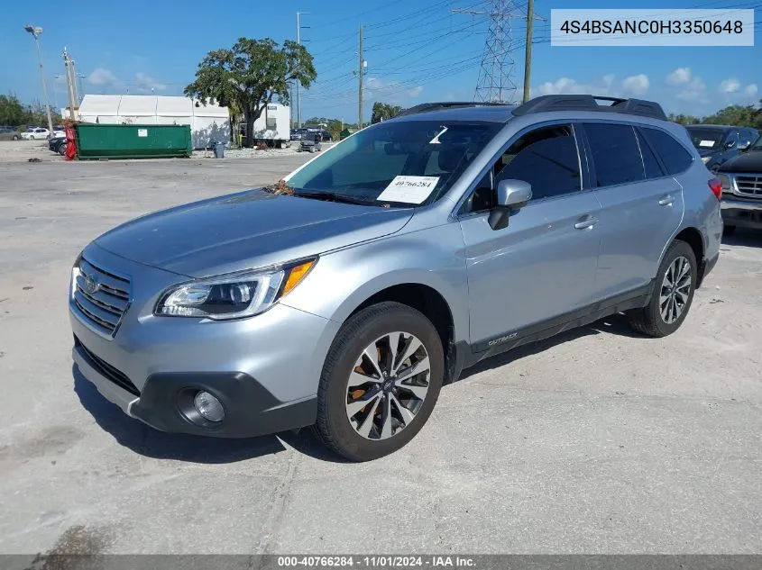 2017 Subaru Outback 2.5I Limited VIN: 4S4BSANC0H3350648 Lot: 40766284