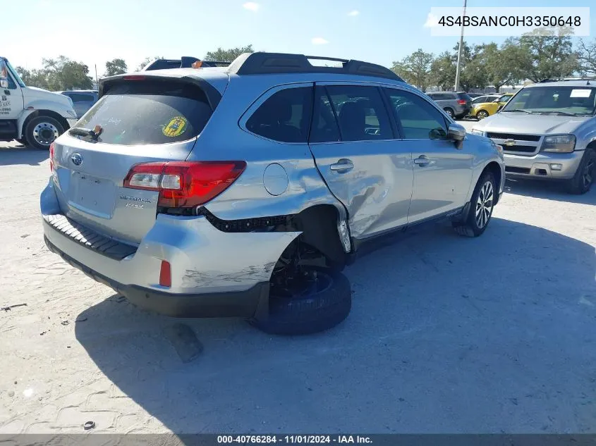 2017 Subaru Outback 2.5I Limited VIN: 4S4BSANC0H3350648 Lot: 40766284