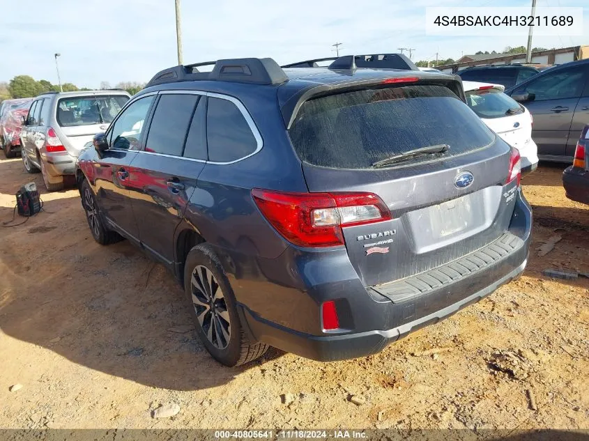 2017 Subaru Outback 2.5I Limited VIN: 4S4BSAKC4H3211689 Lot: 40805641