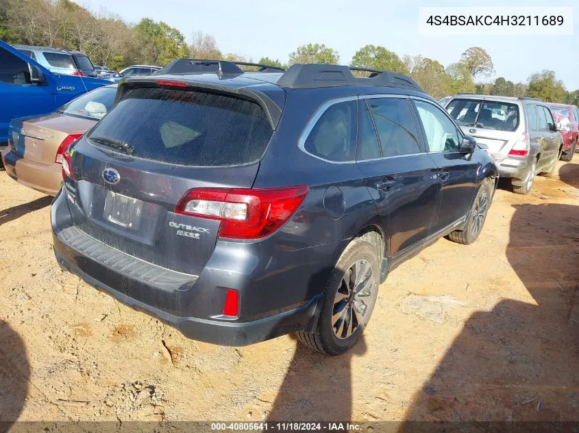 2017 Subaru Outback 2.5I Limited VIN: 4S4BSAKC4H3211689 Lot: 40805641