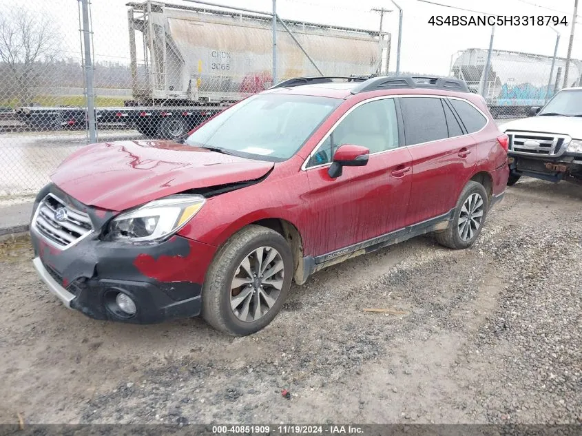 2017 Subaru Outback 2.5I Limited VIN: 4S4BSANC5H3318794 Lot: 40851909