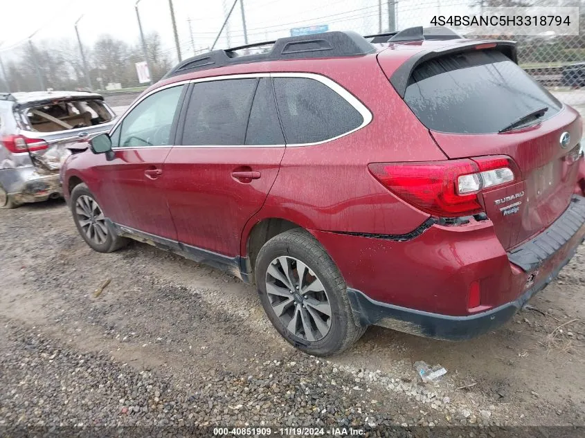 2017 Subaru Outback 2.5I Limited VIN: 4S4BSANC5H3318794 Lot: 40851909