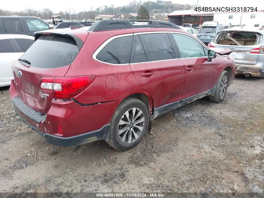 2017 Subaru Outback 2.5I Limited VIN: 4S4BSANC5H3318794 Lot: 40851909