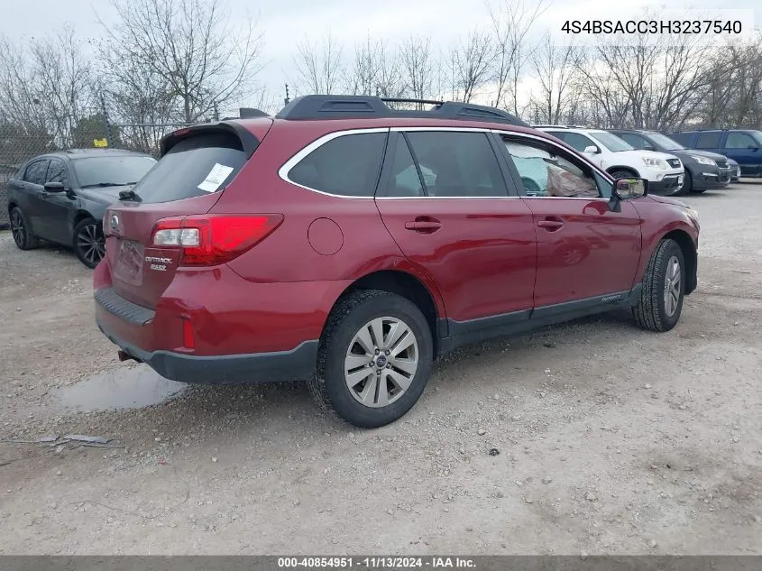 2017 Subaru Outback 2.5I Premium VIN: 4S4BSACC3H3237540 Lot: 40854951