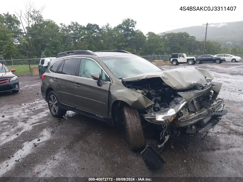 2018 Subaru Outback 2.5I Limited VIN: 4S4BSAKC0J3311407 Lot: 40072772