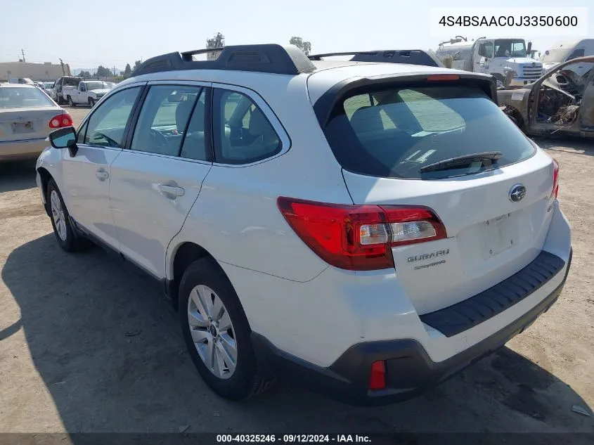 2018 Subaru Outback 2.5I VIN: 4S4BSAAC0J3350600 Lot: 40325246