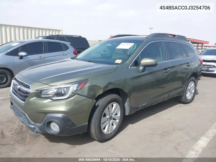 2018 Subaru Outback 2.5I Premium VIN: 4S4BSACC0J3254706 Lot: 40629494