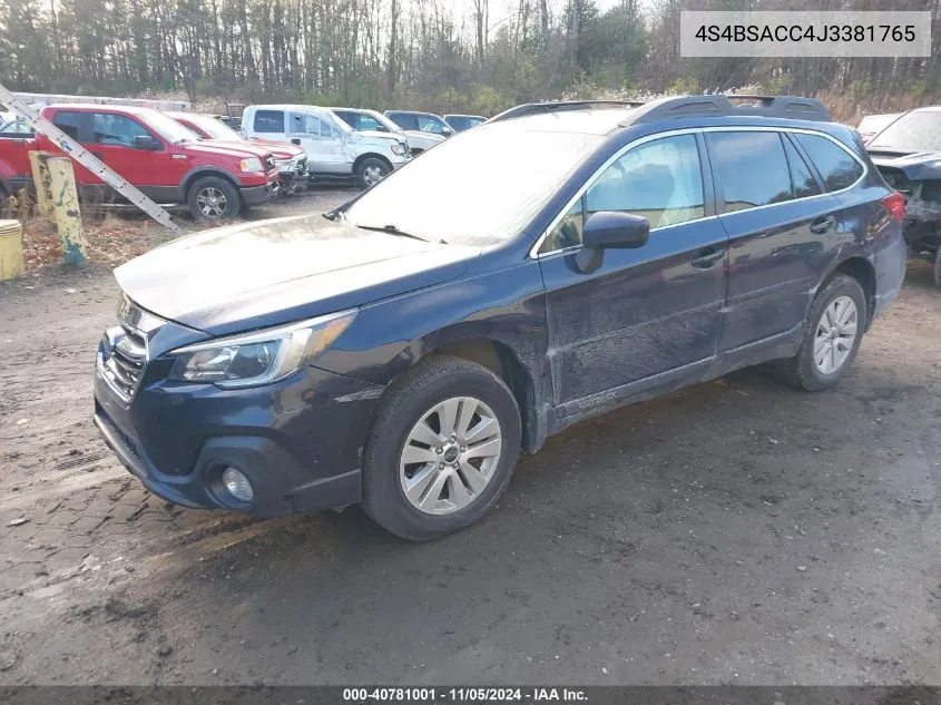 2018 Subaru Outback 2.5I Premium VIN: 4S4BSACC4J3381765 Lot: 40781001