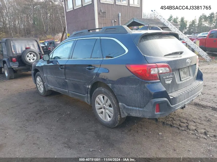 2018 Subaru Outback 2.5I Premium VIN: 4S4BSACC4J3381765 Lot: 40781001