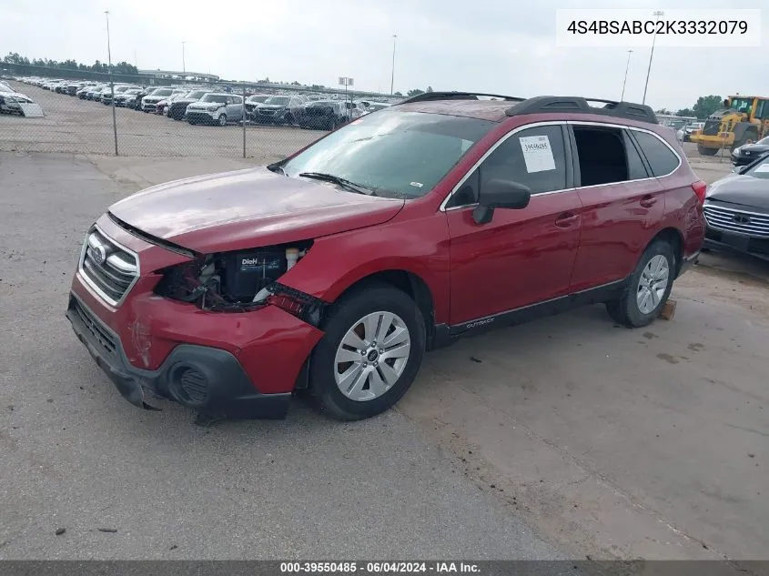 2019 Subaru Outback 2.5I VIN: 4S4BSABC2K3332079 Lot: 39550485