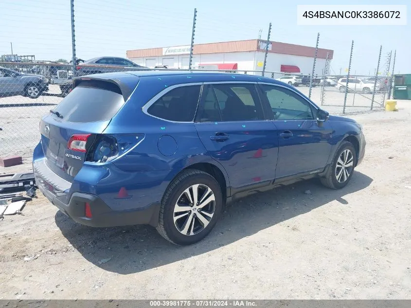 2019 Subaru Outback 2.5I Limited VIN: 4S4BSANC0K3386072 Lot: 39981775