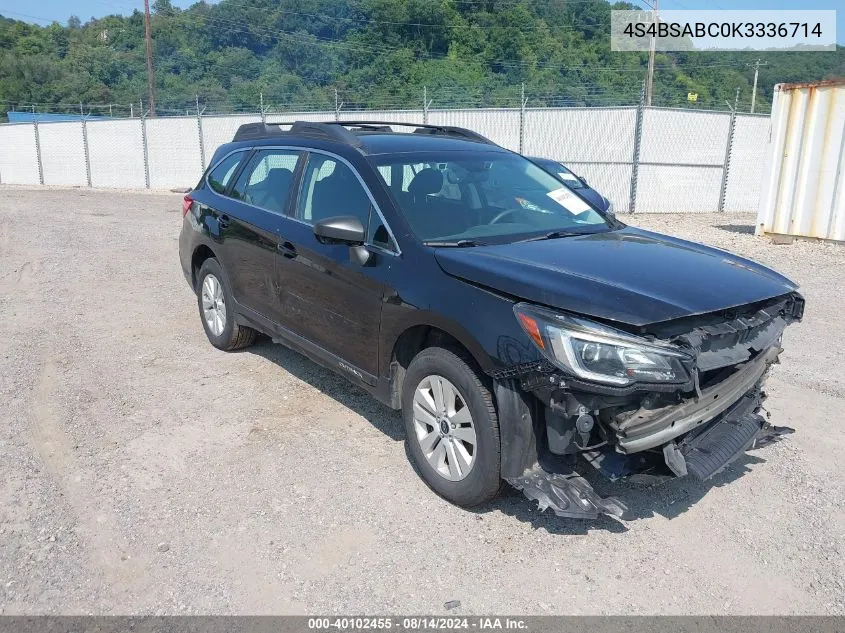 2019 Subaru Outback 2.5I VIN: 4S4BSABC0K3336714 Lot: 40102455