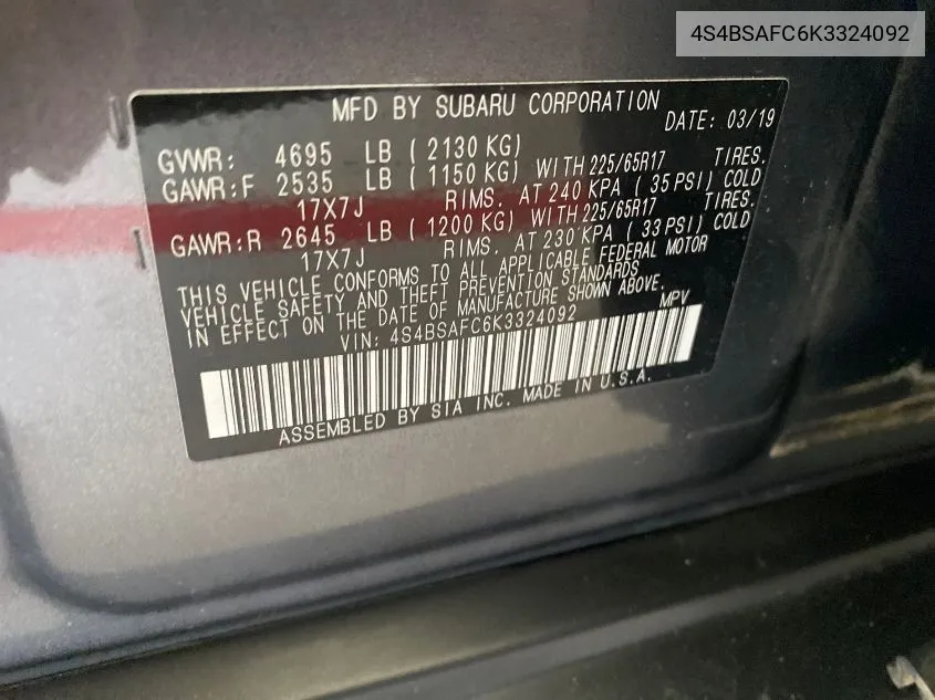 4S4BSAFC6K3324092 2019 Subaru Outback 2.5I Premium