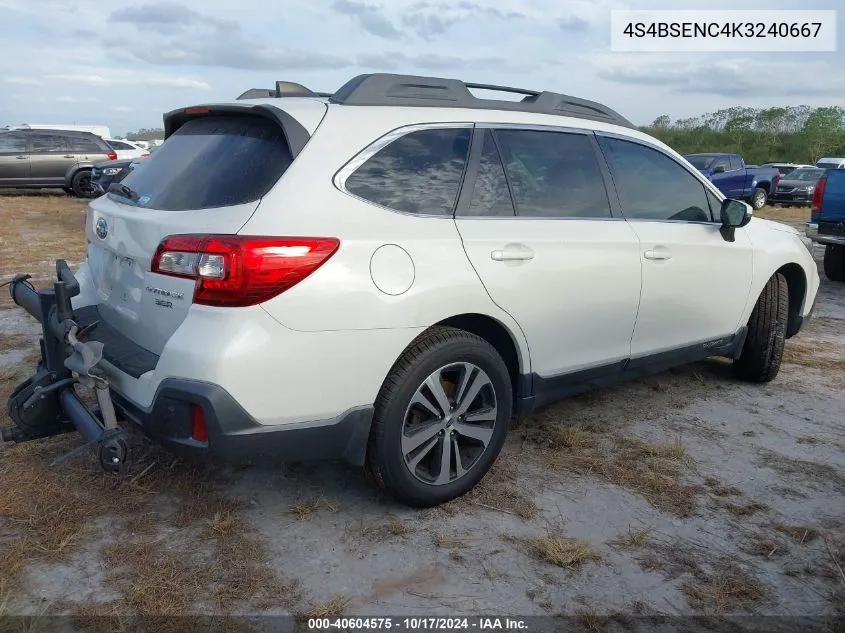 2019 Subaru Outback 3.6R Limited VIN: 4S4BSENC4K3240667 Lot: 40604575