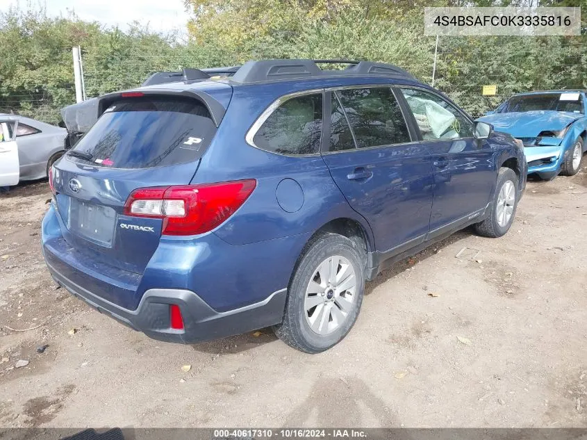 2019 Subaru Outback 2.5I Premium VIN: 4S4BSAFC0K3335816 Lot: 40617310