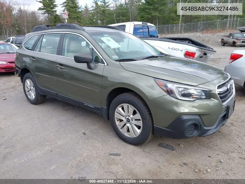 2019 Subaru Outback 2.5I VIN: 4S4BSABC9K3274486 Lot: 40827488