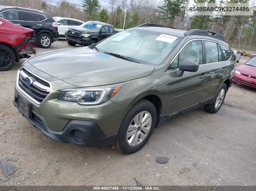 2019 Subaru Outback 2.5I VIN: 4S4BSABC9K3274486 Lot: 40827488