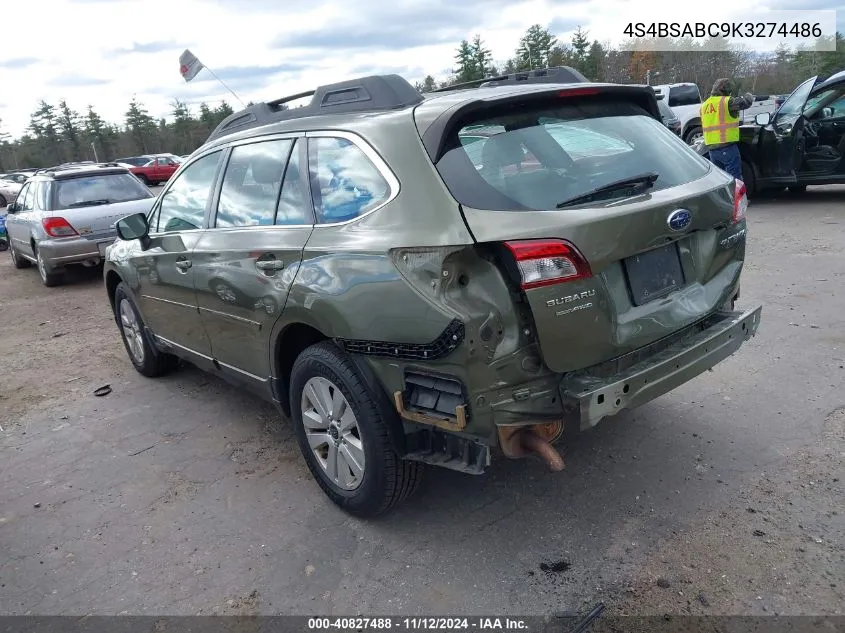 2019 Subaru Outback 2.5I VIN: 4S4BSABC9K3274486 Lot: 40827488