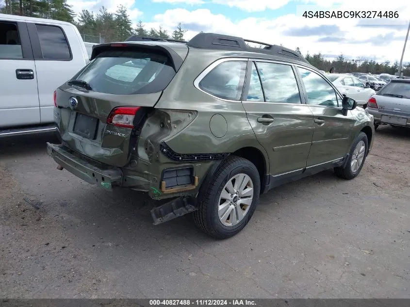 2019 Subaru Outback 2.5I VIN: 4S4BSABC9K3274486 Lot: 40827488