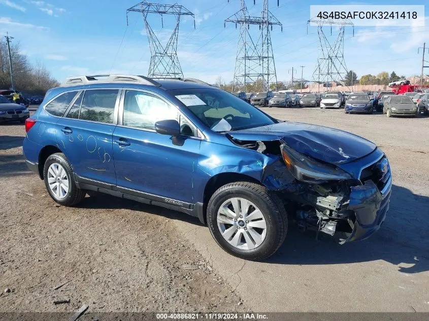 2019 Subaru Outback 2.5I Premium VIN: 4S4BSAFC0K3241418 Lot: 40886821