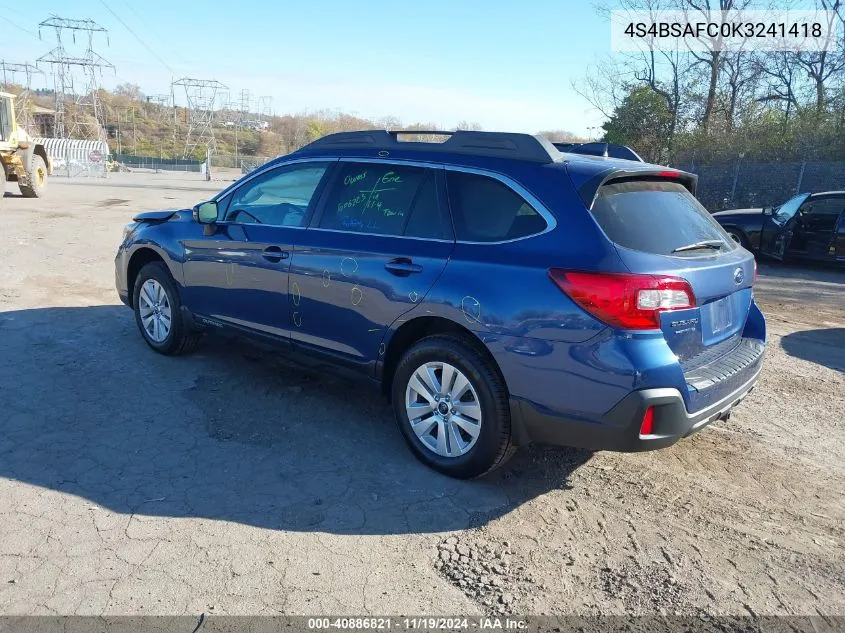 2019 Subaru Outback 2.5I Premium VIN: 4S4BSAFC0K3241418 Lot: 40886821