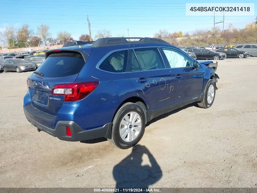 2019 Subaru Outback 2.5I Premium VIN: 4S4BSAFC0K3241418 Lot: 40886821