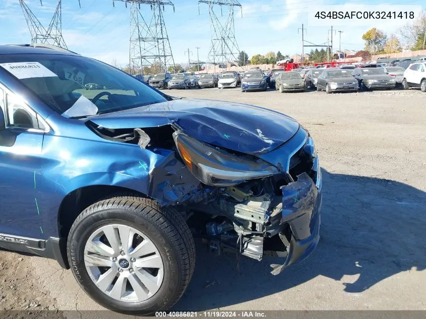 2019 Subaru Outback 2.5I Premium VIN: 4S4BSAFC0K3241418 Lot: 40886821