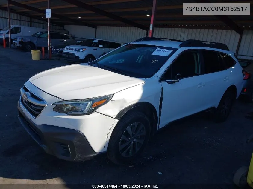 2021 Subaru Outback Premium VIN: 4S4BTACC0M3152517 Lot: 40514464