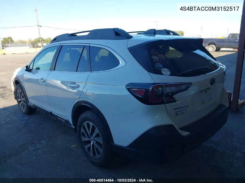 2021 Subaru Outback Premium VIN: 4S4BTACC0M3152517 Lot: 40514464