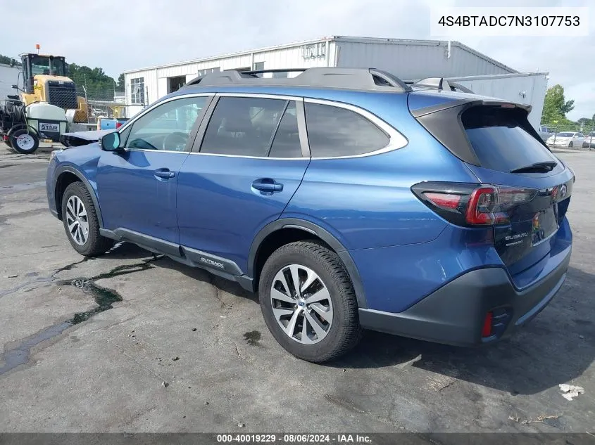 2022 Subaru Outback Premium VIN: 4S4BTADC7N3107753 Lot: 40019229