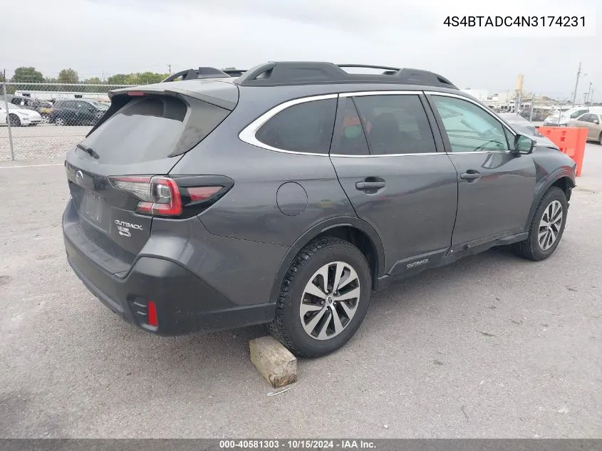 2022 Subaru Outback Premium VIN: 4S4BTADC4N3174231 Lot: 40581303