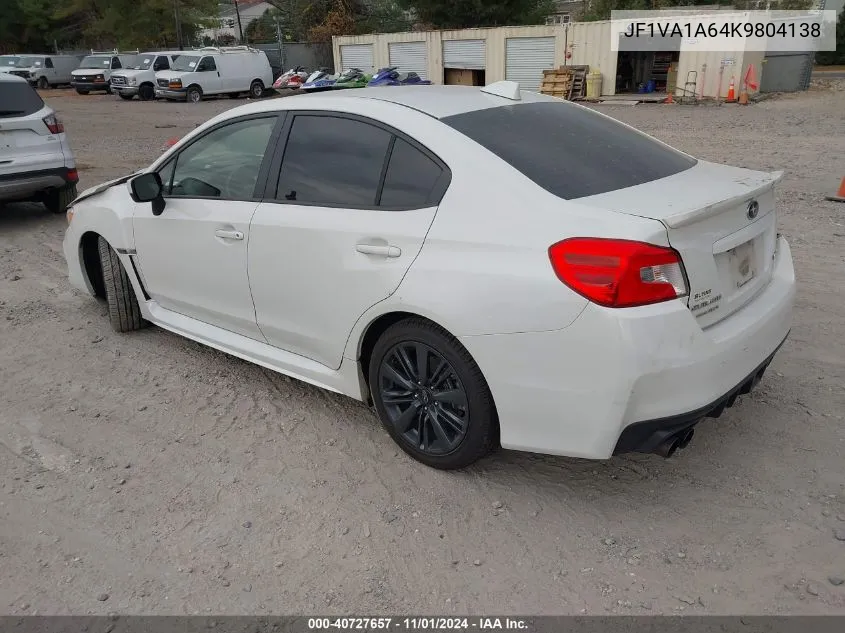 2019 Subaru Wrx VIN: JF1VA1A64K9804138 Lot: 40727657