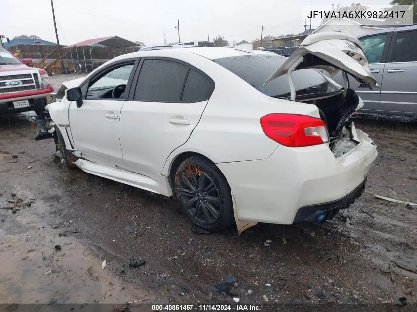 2019 Subaru Wrx VIN: JF1VA1A6XK9822417 Lot: 40851457