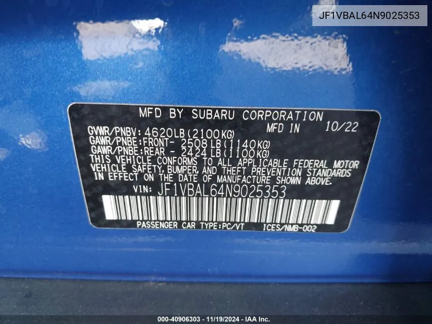 2022 Subaru Wrx Limited VIN: JF1VBAL64N9025353 Lot: 40906303