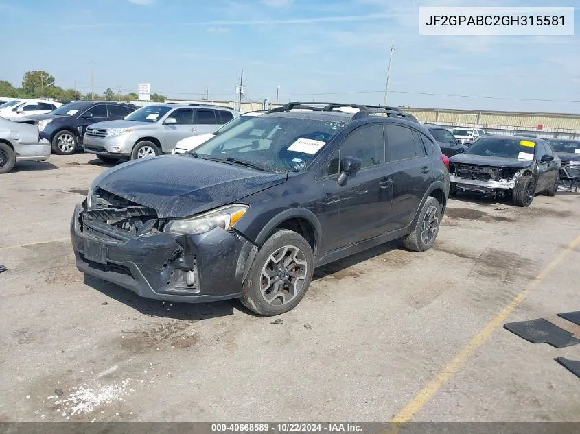 2016 Subaru Crosstrek 2.0I Premium VIN: JF2GPABC2GH315581 Lot: 40668589