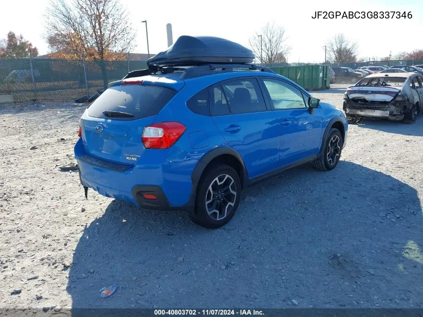 2016 Subaru Crosstrek 2.0I Premium VIN: JF2GPABC3G8337346 Lot: 40803702