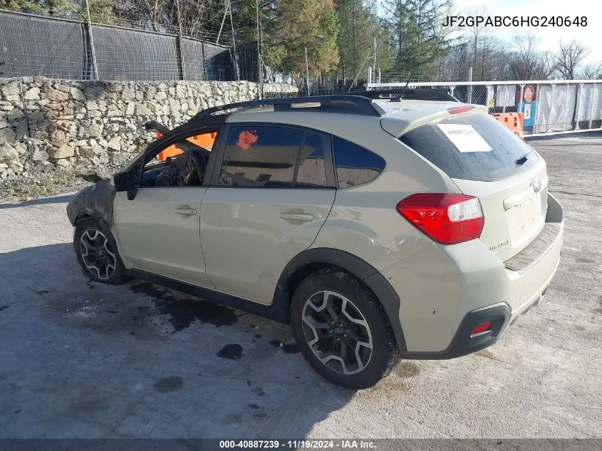 2017 Subaru Crosstrek 2.0I Premium VIN: JF2GPABC6HG240648 Lot: 40887239