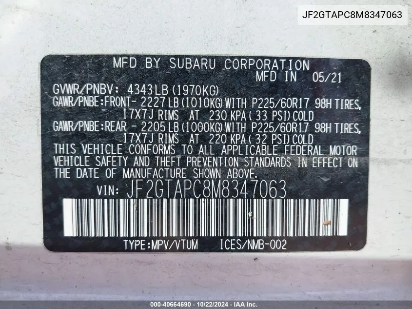 JF2GTAPC8M8347063 2021 Subaru Crosstrek Premium