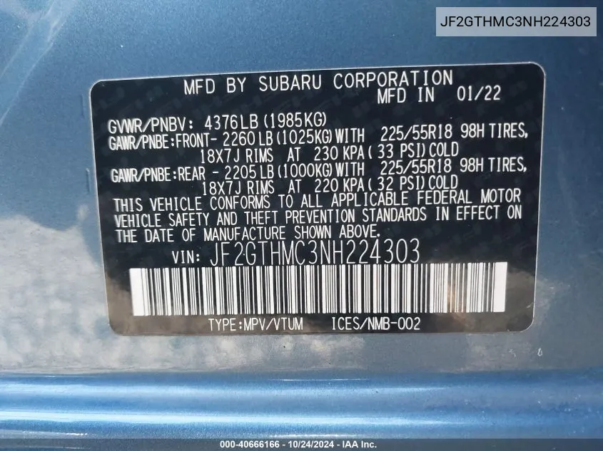 JF2GTHMC3NH224303 2022 Subaru Crosstrek Limited