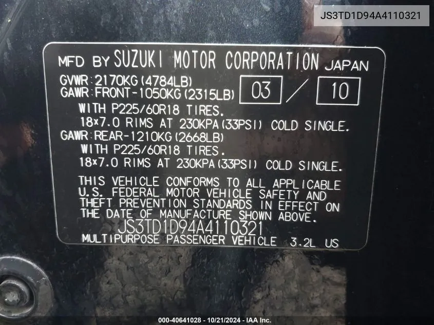 JS3TD1D94A4110321 2010 Suzuki Grand Vitara Limited V6