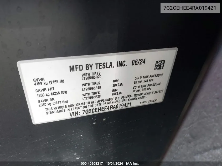 2024 Tesla Cybertruck Cyberbeast VIN: 7G2CEHEE4RA019421 Lot: 40509217