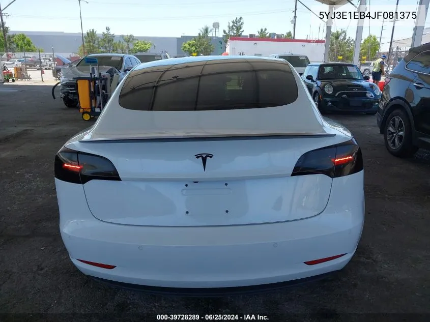 2018 Tesla Model 3 VIN: 5YJ3E1EB4JF081375 Lot: 39728289