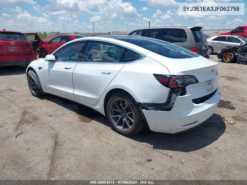 2018 Tesla Model 3 VIN: 5YJ3E1EA3JF062758 Lot: 39803313