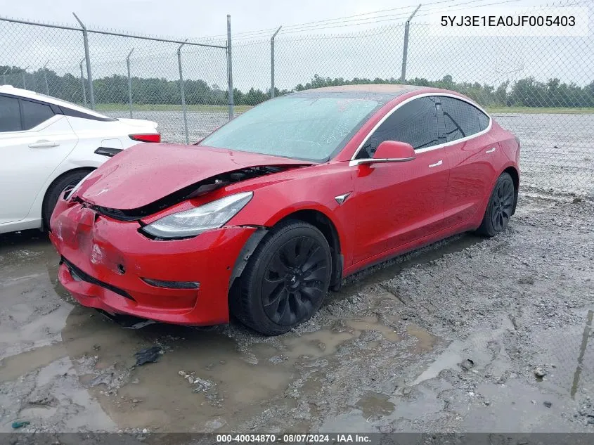 2018 Tesla Model 3 Long Range/Mid Range VIN: 5YJ3E1EA0JF005403 Lot: 40034870