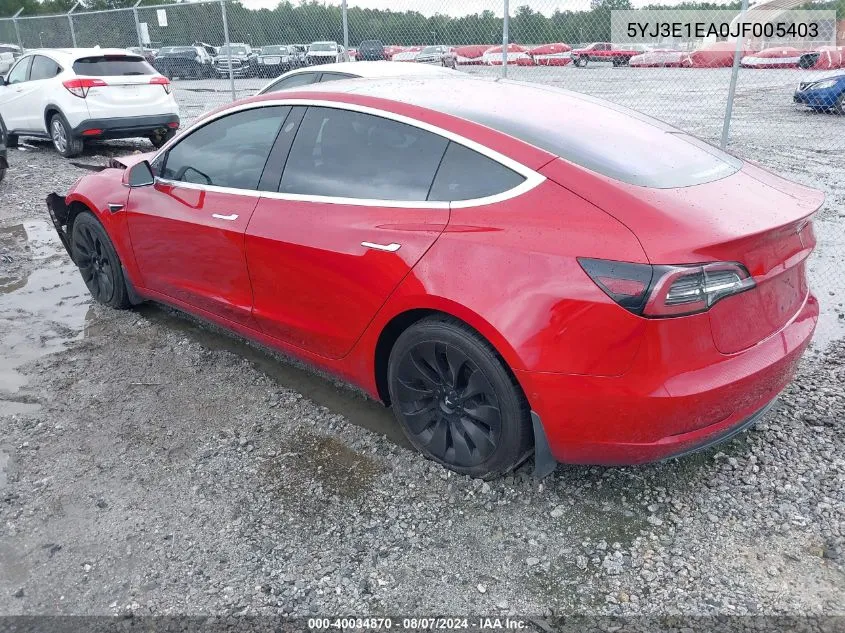 2018 Tesla Model 3 Long Range/Mid Range VIN: 5YJ3E1EA0JF005403 Lot: 40034870