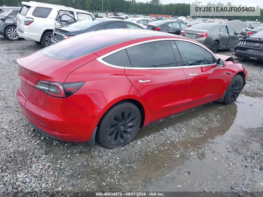 2018 Tesla Model 3 Long Range/Mid Range VIN: 5YJ3E1EA0JF005403 Lot: 40034870