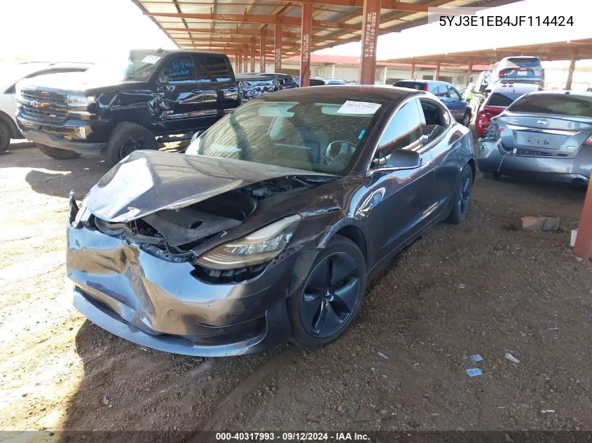 2018 Tesla Model 3 Long Range/Performance VIN: 5YJ3E1EB4JF114424 Lot: 40317993