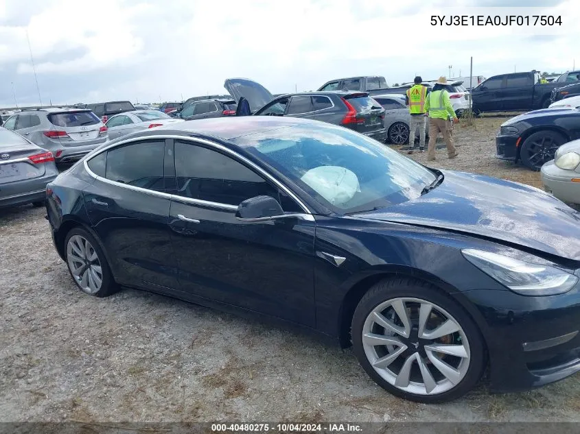 2018 Tesla Model 3 Long Range/Mid Range VIN: 5YJ3E1EA0JF017504 Lot: 40480275