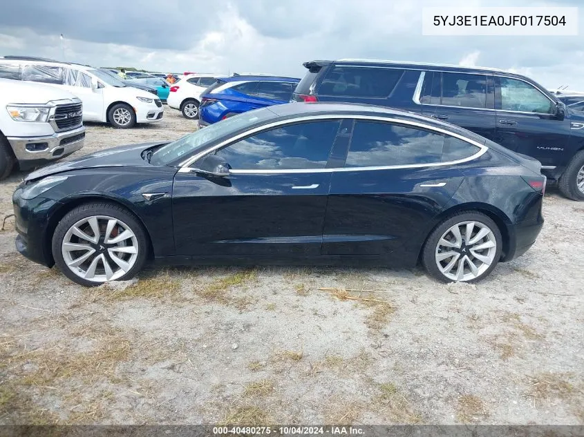 2018 Tesla Model 3 Long Range/Mid Range VIN: 5YJ3E1EA0JF017504 Lot: 40480275