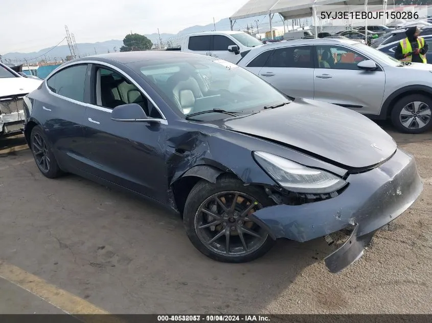 2018 Tesla Model 3 Long Range/Performance VIN: 5YJ3E1EB0JF150286 Lot: 40532057